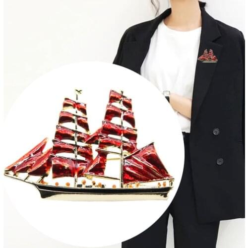 Big Red Sailboat Brooches Fashion Crystal Alloy Enamel Vintage Boat Brooch Pins Collar Lapel Badge Women Gifts Jewelry