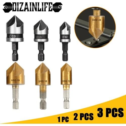 DIZAINLIFE 3PCS Woodworking Countersink Drill Bit Set Carbon Steel/HSS Countersink Cutter Hex/Round Chamfer Drill for Soft Metal