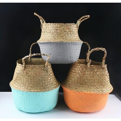 Foldable Handmade Bamboo Storage Baskets Laundry Straw Patchwork Wicker Rattan Seagrass Belly Garden Flower Pot Planter Basket
