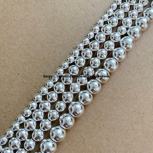 Shining Silver Plated Natural Hematite Stone Beads 4 6 8 10 MM 15" Per Strand Pick Size