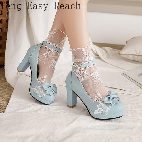 Summer 2021 Ladies Heels Platform Cute Bow Lace Princess Mary Jane Lolita Shoes Party High Heel Buckle Women Pumps Girls Sweet 8