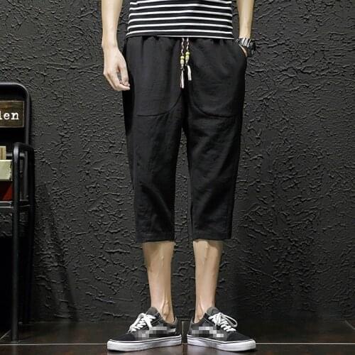 Summer Harajuka Cotton And Linen Mens Calf Length Shorts Drawstring Waist Straight Loose Plus Size Thin Fashion Harem Shorts
