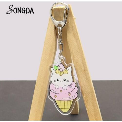 Cat Dog Kitten Puppy Cone Kawaii Acrylic Keychains Holder Cute Ice Cream Key Chain Keyrings For Bag Car Unisex Jewelry Gifts