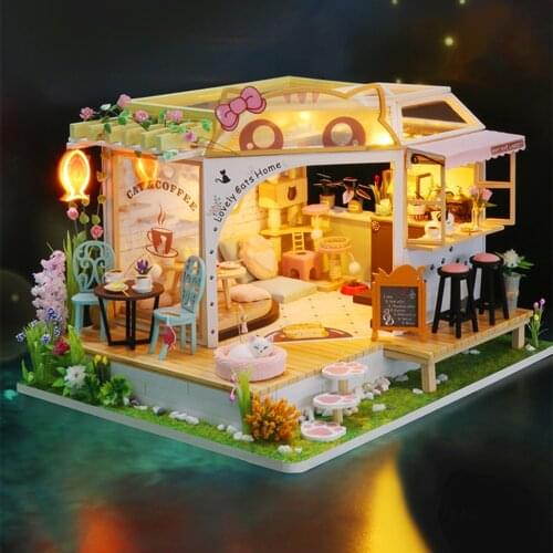 Handcraft Miniature Dollhouse Plus LED Light & Dustproof Cover Wooden Crafts Cat & Coffee House 3D Puzzles Model Toys for Girls