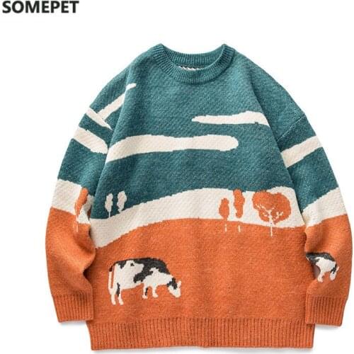 Youth Men Vintage Winter Mens Sweaters Pullover Japan Style Cows Print Casual Harajuku 2021 Korean Fashion Sweater Women Cotton
