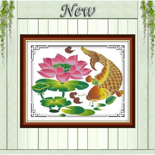 Lucky Lotus fish flowers decor Painting Counted Printed on canvas Needlework Kits Embroidery Sets DMC 14CT 11CT DIY Cross Stitch