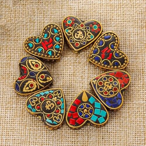 Nepalese Buddhist Handmade Flat Heart 29x32mm Tibetan Brass Metal & Clay Loose Craft Beads for Jewelry Making DIY Necklace