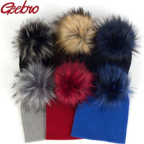 Geebro Autumn Winter Thick Warm Baby Hat Knit Ribbed Cotton Solid Baby Pompom Hats For Boys Girls Childrens Hats Child Beanie