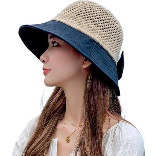 Summer 2021 Women Beach Bucket Hat Fashion Casual Bow Wide Brim Polyester Breathable Fishing Cap Outdoor Sun Hat