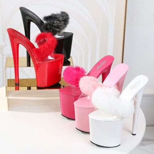 Womens Shoes Summer 2020 New Ladies Sexy High Heels 20CM Thick Bottom Slippers Transparent Fur Waterproof Female Sandals 34-43