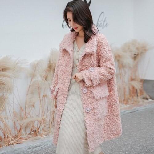 Pink Cashmere Long Wool Warm Winter Women Coats Elegant Pockets Slim Single Breasted Real Fur Outwear Beige Office Lady Jackets