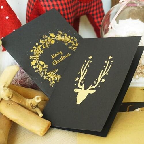 10pcsBeautiful Snow Night Send Envelope Christmas Tree Christmas Card Elk Blessing Card Black Gilding Christmas Card