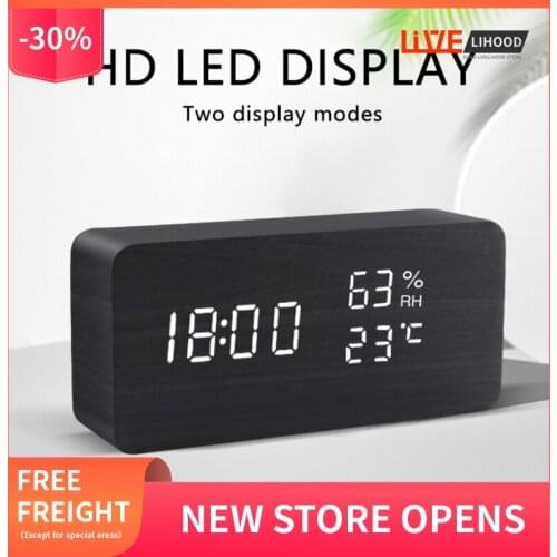 LED Wooden Digital Alarm Clock Voice Control Digital Hygrometer Alarm Clock USB/AAA Power Supply Clock Table Decoration