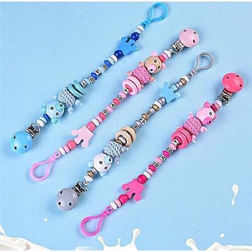 Baby Pacifier Chain Cartoon Cute Wooden Baby Anti Off Chain Teether Toys Animals Shape Soothing Beaded Pacifier Chain