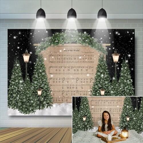 Christmas Music Theme Photography Backdrop Kids Child Portrait Trees Snow Black Curtrain Props Baby Background Photostudio