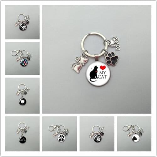 Hot Love cat pet footprint dog glass cabochon keychain bag car key chain ring holder pendant keychain gift for men and women
