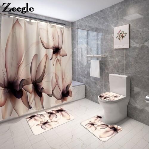 Traditional Style Bath Mat and Shower Curtain Set Microfiber Bathroom Carpet Non-slip Toilet Mat Absorbent Bathroom Mat
