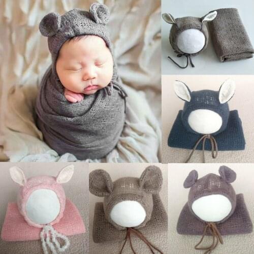 1 Set Baby Photography Props Blanket Newborn Knitted Stretch Wrap Infants Crochet Rabbit Hat Soft Baby Photo Shooting Blanket