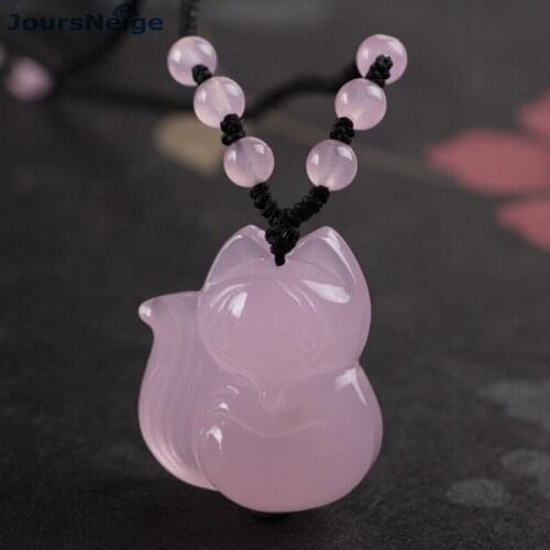 Wholesale Pink Natural Crystal Pendant Hand Carved Fox Sweater Chain Necklace Lucky for Women Girl Marriage Crystal Jewelry