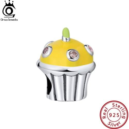 ORSA JEWELS Silver 925 Cute Cupcake Charms for Beads Bracelets Fits Original Europen DIY Bracelet Fine Jewelry Gifts CB27
