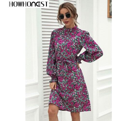 Za Dresses for Women Spring Autumn Stand Collar Lantern Sleeve Dress Female Floral Print A-line Casual Dresses Lace Up Waist