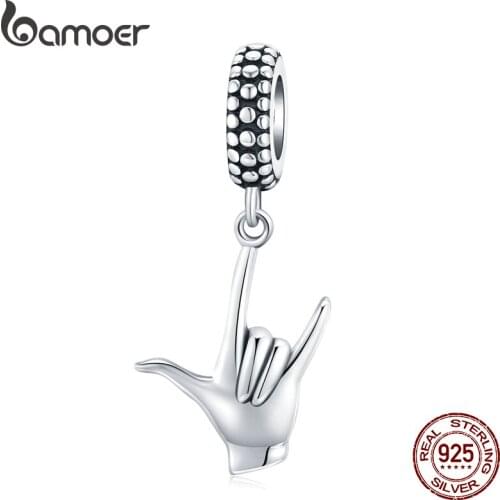 Bamoer Genuine 925 Sterling Silver Rock Sign of the Horns Pendant Charm fit Original Bracelet or Necklace DIY Jewelry SCC1438