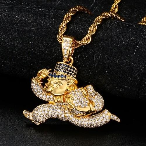 Iced Out Monopoly Running Clown With Money Bag Pendants Necklaces Rope Chain Bling Cubic Zircon Bling Hip Hop Jewelry For Gift