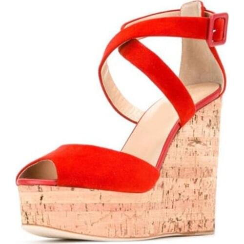 Chic Orange Red Open Toe Woman Platform Sandals Crossed Buckle Strap Wedges Ultra High Heels Pumps Sweet Female Prom Dress Shoes