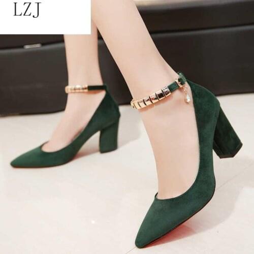 2019 Spring Autumn Women Pumps Sexy Buckles High Heels Shoes Fashion Pointed Toe Wedding Party Square Heel String Bead