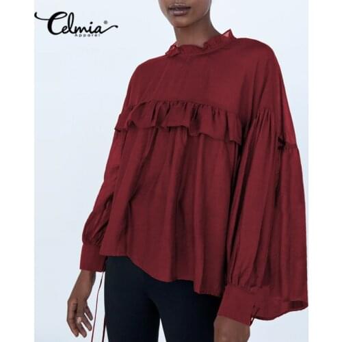 Women Blouse Celmia Women Ruffled Blouses Fashion Long Lantern Sleeve Solid Elegant Office Tunic Casual Loose Blusas