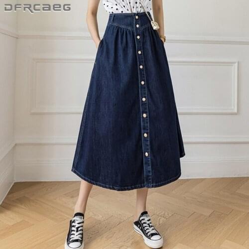 Streetwear Single Breasted Thin Summer Denim A-Line Skirts Women 2021 Hight Waist Vintage Big Swing Long Skirt Jeans Female