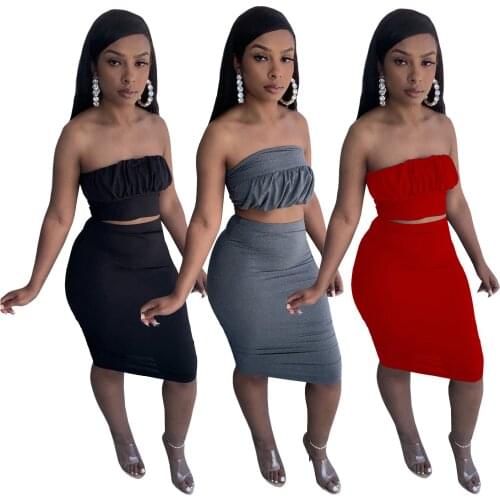 Casual Outgoing Two Piece Skirt Set Women Elegant Ruched Strapless Slim Fit Crop Top and High Wiast Bandage Skirt Club Outfits