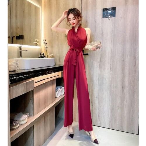 2021 Ladies Summer Sexy Jumpsuit High Waist V-neck Belt Elegant Chiffon Jumpsuit Slim Women One Piece Casual Wide Leg Pants New