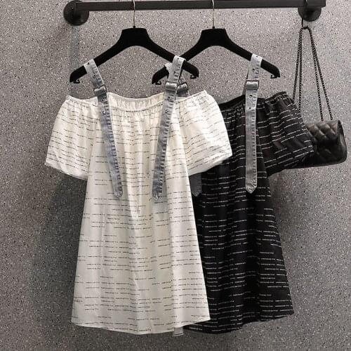 Korean Slash Neck Womens Dress Increase Fashion Personality Denim Stitching Off Shoulder Dress Vestidos Verano 2021 Mujer