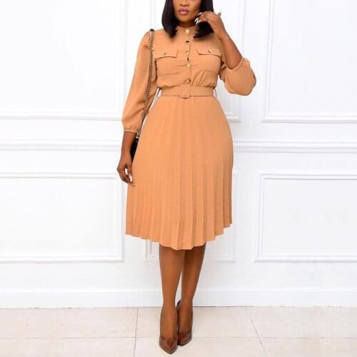 Office Ladies Autumn Winter 2021 New Pleated Dress Solid Color High Waisted Single Breasted Fashion Elgant Business Work Wear OL