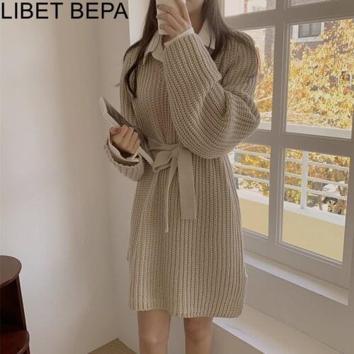2020 New Women Autumn Winter Dresses Knitting Fashionable Elegant High Waist Vintage Korean Style Lady Lace Up Mini Dress DR8162