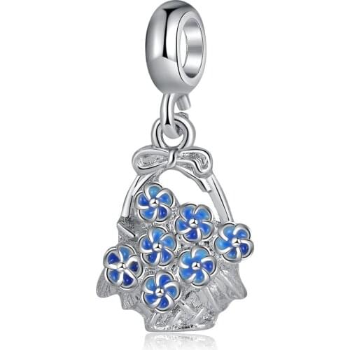 1Pcs New Cute Blue Flower Basket Pendant DIY Beads Suitable for Original Pandora Charm Bracelet Ladies Jewelry Making Gifts