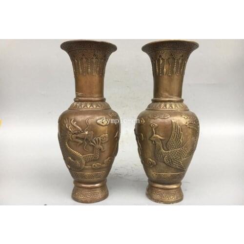 11'' copper carved auspicious clouds dragon phoenix dasign home decor vase