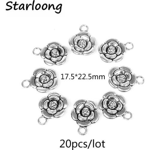 20pcs/lot Zinc Alloy Zntique Vintage Silver Plated Little Rose Flower Charm Pendants for Bracelet Necklace DIY Jewelry Making