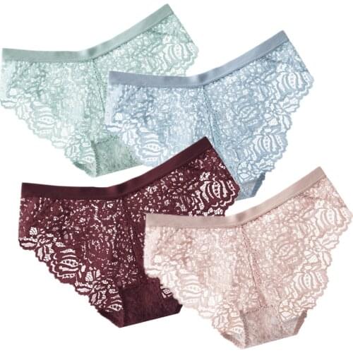 3PCS Sexy Lace Panties Soft Breathable Briefs Women Underwear Ladies Panty Transparent Tempting Low-Rise Cotton Lingerie Solid