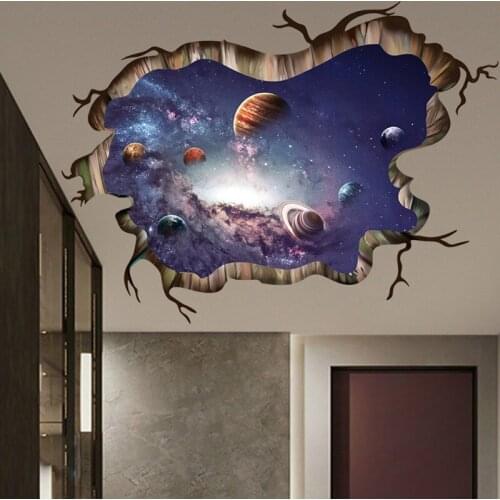 3D Broken Wall Universe Planet Wall Stickers Decorative Films Room Background Wall Ceiling Floor Stickers PVC Self-adhesive