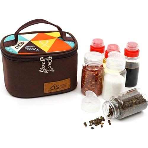 6Pcs BBQ Grilling Spice Jar Condiment Pepper Salt Bottle Storage Carry Bag Picnic Bag Outdoor Camping Tableware Seasoning Bottle