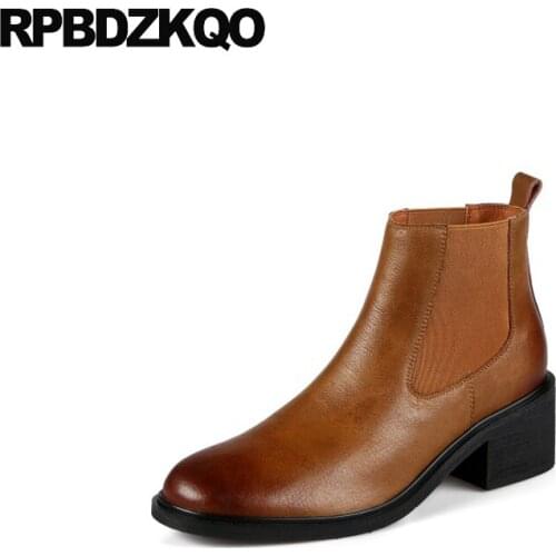 Faux Fur Chelsea Autumn High Heel Brown Chunky Short Booties Slip On Women Ankle Boots 2021 Round Toe Girls Block Vintage Shoes