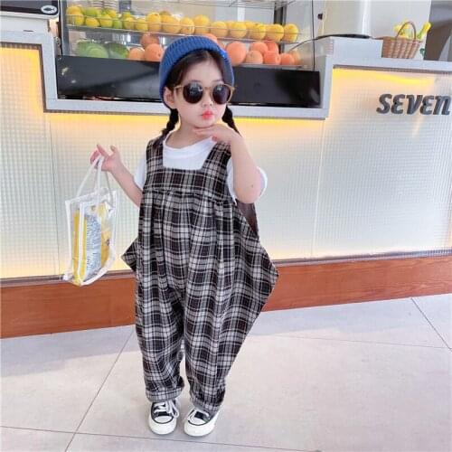 Childrens Mori Suspenders Jumpsuit 2021 Summer Korean Baby Boys and Girls Slippery Loose Casual Plaid Overalls Toddler Trousers