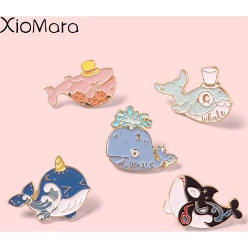 Cartoon Cute Coral Waves Whale Enamel Pin Animal Brooch Metal Badge Backpack Hat Bag Kid Women Girls Friends Gifts Wholesale