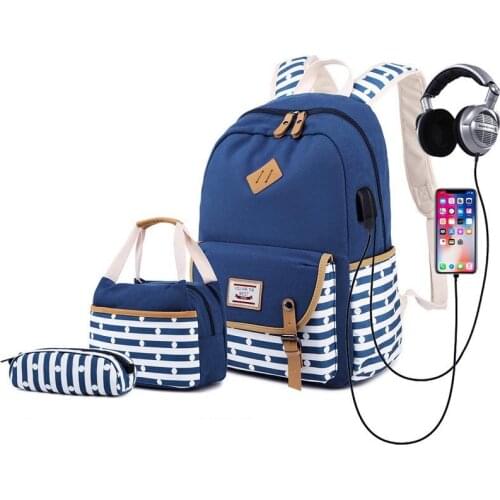 2021 USB Charging Canvas Backpack 3 Pcs/set Women School Backpacks Schoolbag For Teenagers Girls Student Book Bag Satchel
