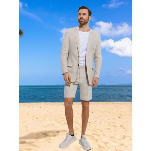Custom Made Suits Summer Linen Suit Jacket with Shorts Sand Grey Beach Wedding Suits For Men Breathable Slim Tailored Groom Suit