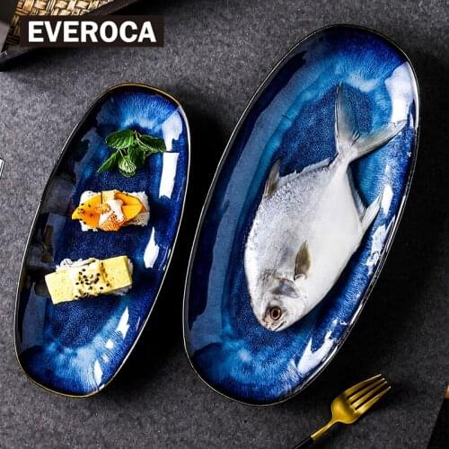 Ceramic Plate Creative Japanese Style Dishes Kiln Change Cat Eye Blue Fish Plate Household Dinnerware Steamed Large Sushi Plate