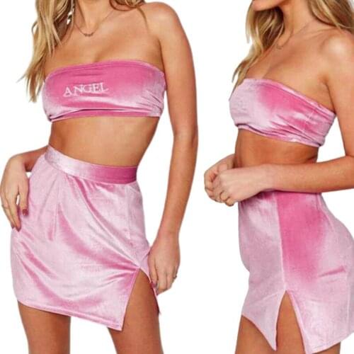 Women Sexy Two-piece Clothes Set, Pink Letters Embroidery Pattern Boat Neck Sleeveless Crop Tops and Slit Skirt