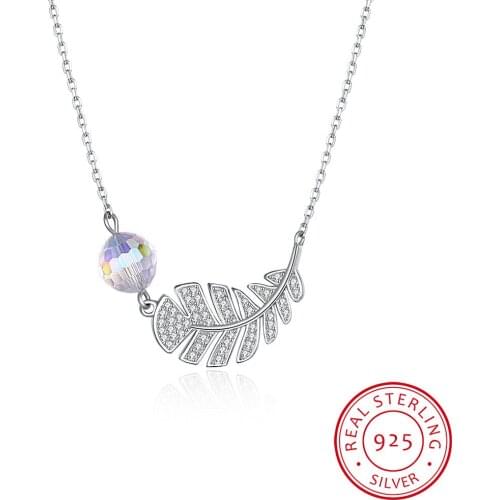 LEKANI Feather Leaf Pendant Necklaces Original Crystas Real S925 Silver Beads Collar For Women Party Wedding Gifs
